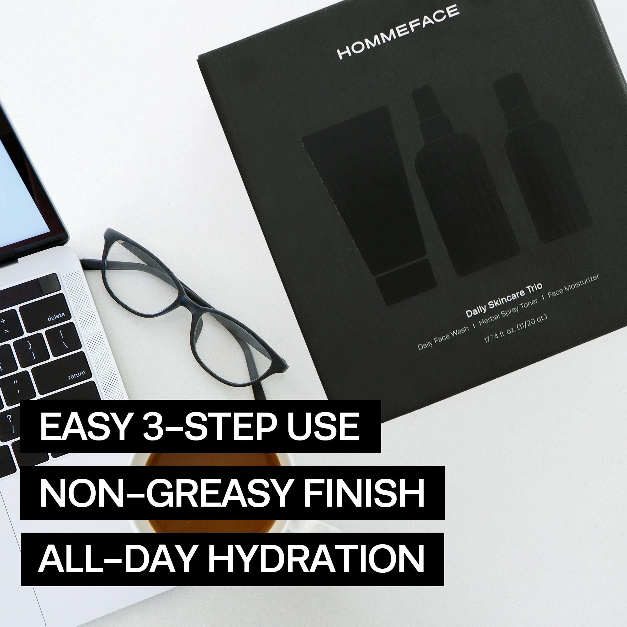 HommeFace Men’s Daily Trio 3-Step Daily Routine Set with Face Wash, Herbal Spray Toner & Moisturizer - Korean Skincare Technology with CICA, Tea Tree Leaf & Witch Hazel Extracts, for All Skin Types