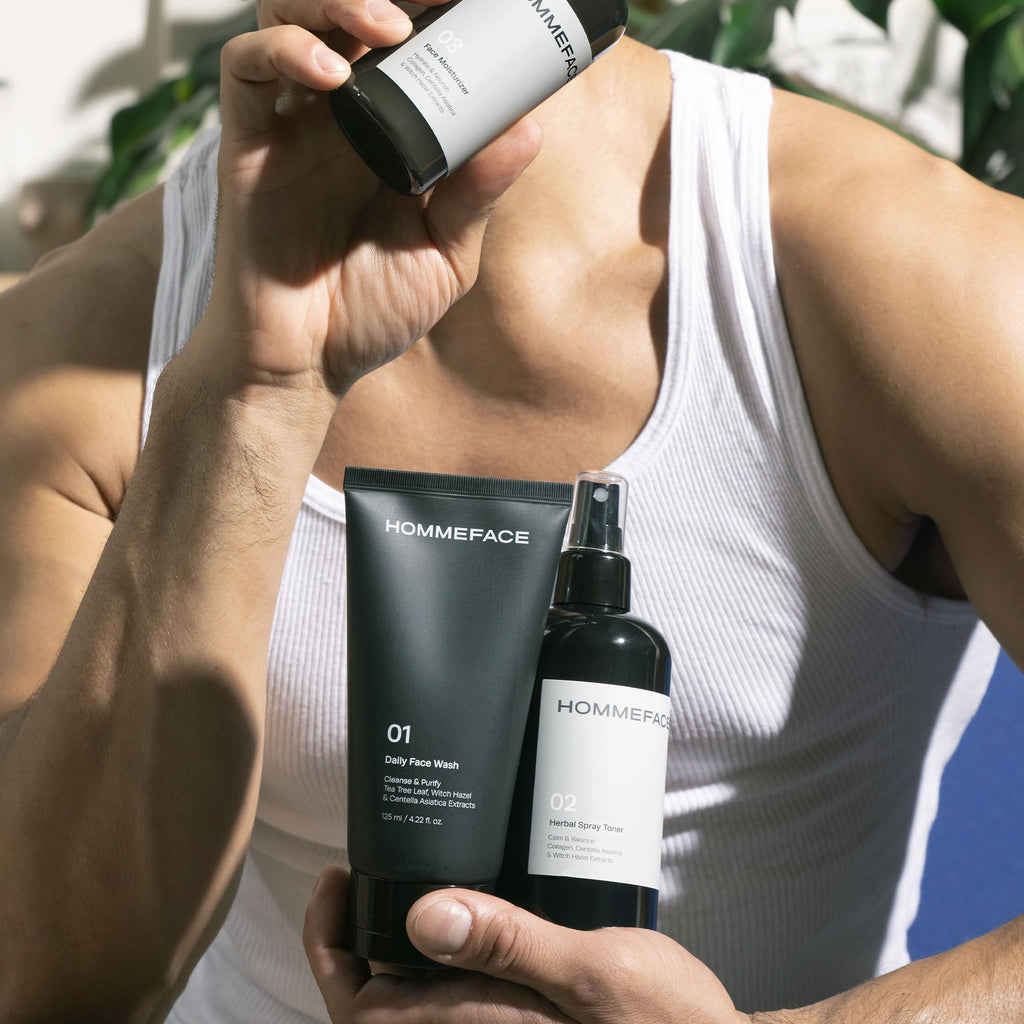 HommeFace Men’s Daily Trio 3-Step Daily Routine Set with Face Wash, Herbal Spray Toner & Moisturizer - Korean Skincare Technology with CICA, Tea Tree Leaf & Witch Hazel Extracts, for All Skin Types